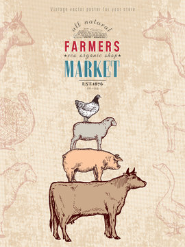 Farm Shop Vintage Poster Retro Butcher Shop Farm Animals