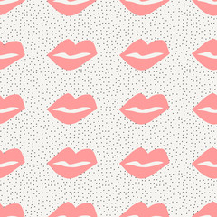 Seamless pattern with hand drawn lips and dots.