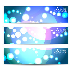 Abstract geometric banners molecule and communication. Science and technology design, structure DNA, chemistry, medical background, business and website