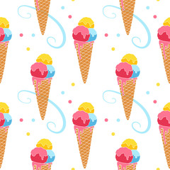 Ice cream in waffle cones seamless pattern.