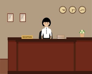 Young woman receptionist stands at reception desk. Hotel reception. Travel, hospitality, hotel booking concept. Vector flat illustration