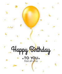 Birthday card template with yellow balloon, confetti and ribbon. Holiday background. Vector eps 10 format.