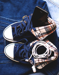 stylish denim sneakers and gadgets