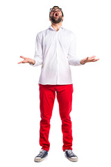 Handsome man with glasses in zen position