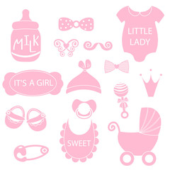 A vector illustration of cute baby girl icons like nappy pins, pacifier and baby toys. pink silhouette Hipster photo booth