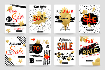 Collection of hand drawn autumn sale banner template. Vector illustrations for marketing, online shopping, mobile banner, advertising poster, ads, mailings and seasonal sales.