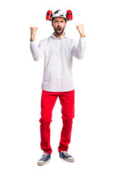 Crazy man with beer soccer-hat