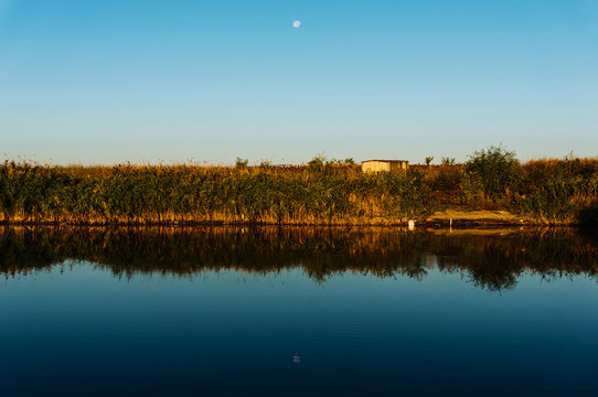 Moon rising over lake