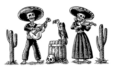 Day of the Dead, Dia de los Muertos. The skeleton in the Mexican national costumes dance, sing and play the guitar.