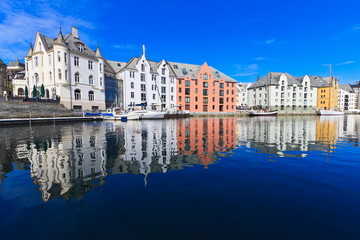 Colorful houses in the center of the Alesund city in the summer, Norway