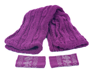 Violet knit wool scarf and wrists arm warmers separated on white background