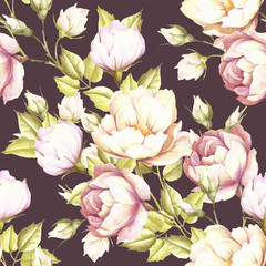Seamless pattern with lush roses.Hand draw watercolor illustration