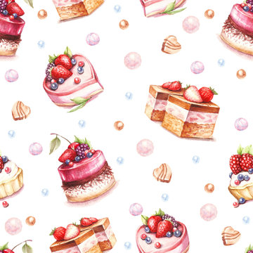 Seamless pattern with cakes.Hand draw watercolor illustration.