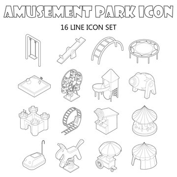 Amusement park icons set in outline style. Attraction park set collection. vector illustration