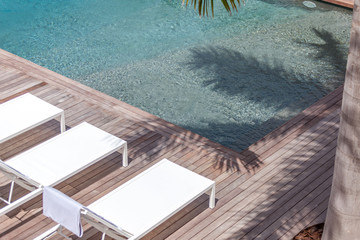 Detail chairs on wood deck in Saint Martin Island, French West Caribbean