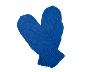 Chunky knit wool mittens separated on white background