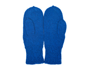 Chunky knit wool mittens separated on white background