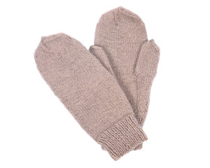 Chunky knit wool mittens separated on white background