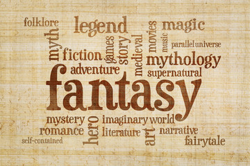 fantasy word cloud on papyrus paper