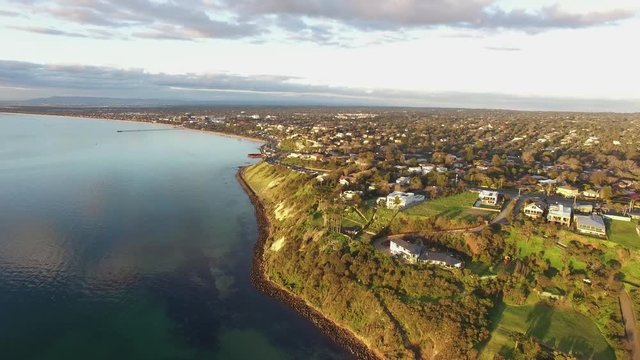 Flight along Olivers Hill and Frankston foreshore at sunset. Melbourne, Victoria, Australia