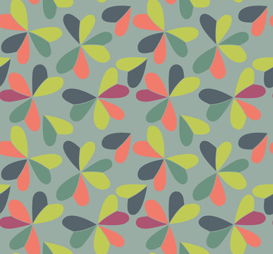 Vector seamless pattern with hearts placed in clover shapes. Flat shamrock imagined colors background. Simple repeating colorful texture.