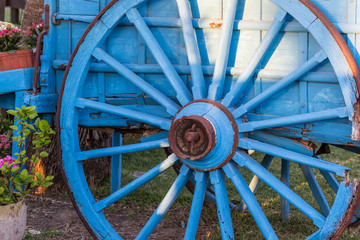 vintage blue wooden wagon, closeup