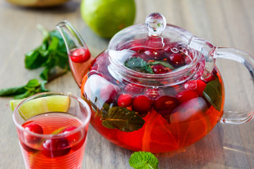 Tea in a glass teapot from the strawberries and raspberries