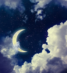 Obraz na płótnie Canvas Dark Sky with Clouds, Stars and Crescent Moon