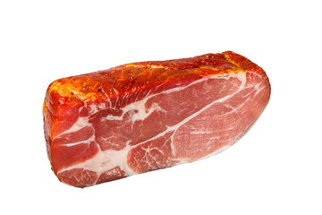 Smoked beef neck piece and slices on white background. In isolat