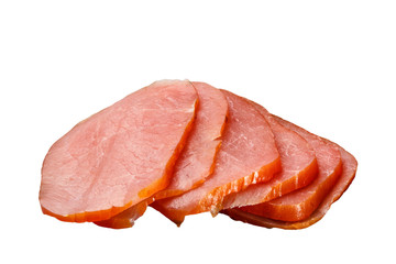 Smoked beef neck piece and slices on white background. In isolat