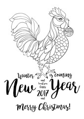 Fototapeta na wymiar Rooster, symbol of 2017 on the Chinese calendar. Thin line art cock. Vector element for New Year's or Merry Christmas design or antistress coloring book