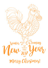 Fototapeta na wymiar Rooster, symbol of 2017 on the Chinese calendar. Thin line art cock. Vector element for New Year's or Merry Christmas design