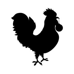 Rooster, black silhouette of 2017 on the Chinese calendar. Cock animal with christmas ball in beak. Vector element for New Year's or Merry Christmas design, isolated on white.