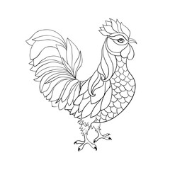 Rooster, symbol of 2017 on the Chinese calendar. Thin line art cock, doodle style stroke. Vector element for New Year's or Merry Christmas design or antistress coloring book