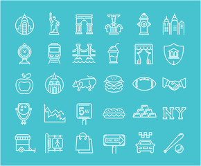 Set Vector Flat Line Icons New York