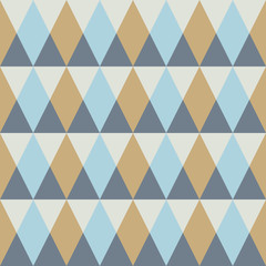 Triangle seamless pattern with pastel blue, gray, yellow triangles on white. Triangular geometrical background. Modern stylish texture. Repeating minimalistic geometric tiles. Vector illustration.
