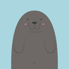 cute big fat monk seal on light blue background