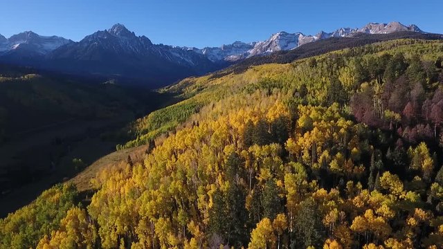 Aerial drone view of fall colors in the Colorado Rockies with Aspen Trees