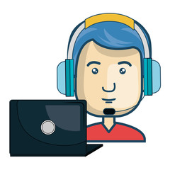 laptop computer and avatar man with headphones customer call center. colorful design. vector illustration