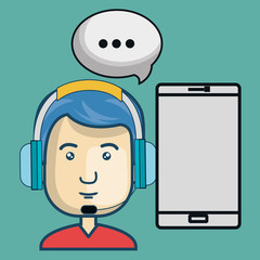 smartphone and avatar man with headphones customer call center. colorful design. vector illustration