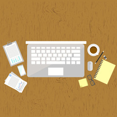 Flat design modern vector illustration concept analyzing. Top view of desk background with laptop, digital devices, office objects with papers and documents.