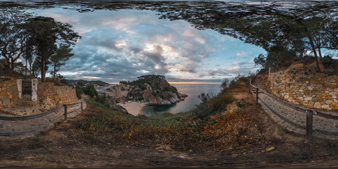 Spherical, 360 degrees, seamless panorama of the coast and fortress in the town of Tossa de Mar,...