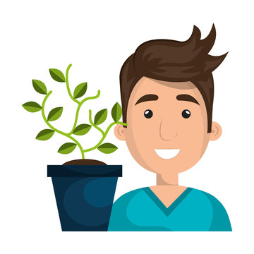 avatar man smiling and green plant in a pot. vector illustration