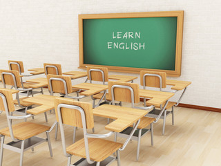 3d Empty classroom and chalkboard with learn English.