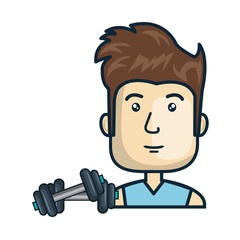 avatar man cartoon with dumbbells gym equipment. colorful design. vector illustration