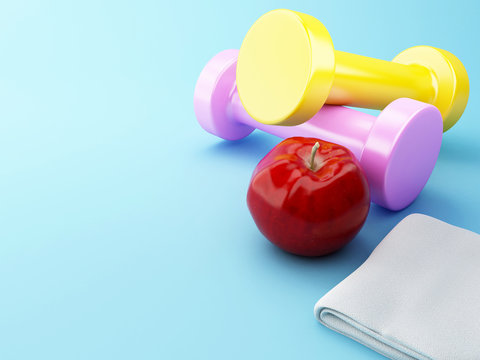 3D An apple with dumbbells and towel.