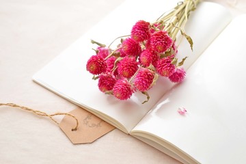 広げたノートとドライフラワー