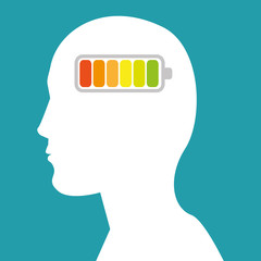 human head profile with power battery icon over blue background. vector illustration