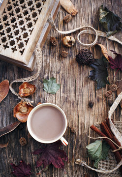 Autumn composition with cup of hot chocolate. Fall and thanksgiv