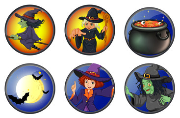 Witches and halloween elements on badges